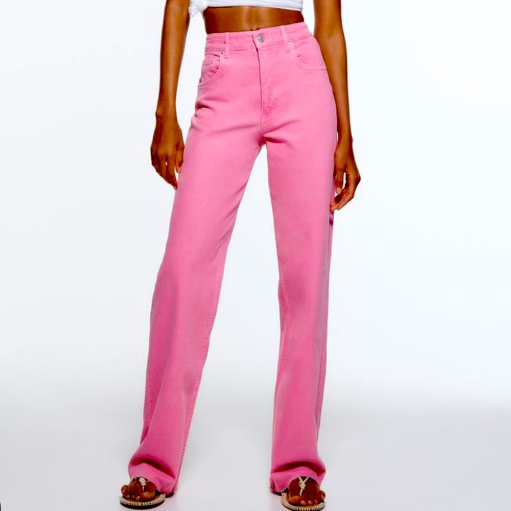 Zara hot pink wide leg raw hem jeans